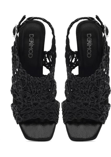 Kadın Siyah Örgülü Metalik Kalın Kısa Topuklu Sandalet 25SFD440632