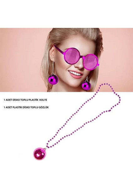 Pembe Renk 80S 90S Retro Plastik Disko Toplu Gözlük ve Plastik Disko Kolye Set Hawai