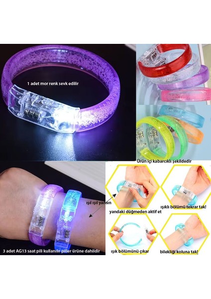 Baskı Yapılabilen Işıklı Pilli LED Bileklik Mor Renk 1 Adet 1,5 cm Genişlik Retro