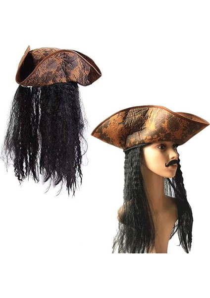 Eskitme Tarz Kahverengi Kumaş Karayip Korsan Jack Sparrow Şapkası Saçlı Hallow