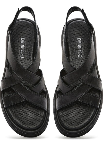 Kadın Siyah Arkası Bantlı Deri Sandalet 25SFD351218