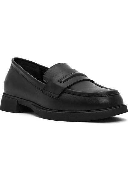 Kadın Siyah Deri Maskülen Loafer 25SFD182318