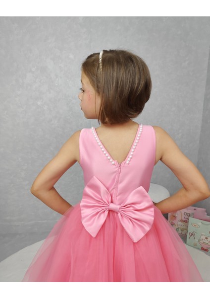 Kız Çocuk Ada Model Abiye Pembe Yaka Incili Elbise fırsatları