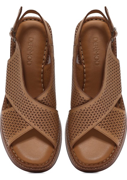 Kadın Taba Bilekten Bağlamalı Baskılı Dolgu Topuklu Deri Comfort Sandalet 25SFD342126