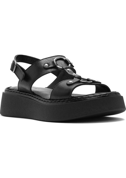 Kadın Siyah Bilekten Tokalı Kalın Tabanlı Deri Comfort Sandalet 25SFD342518