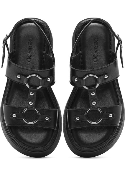 Kadın Siyah Bilekten Tokalı Kalın Tabanlı Deri Comfort Sandalet 25SFD342518