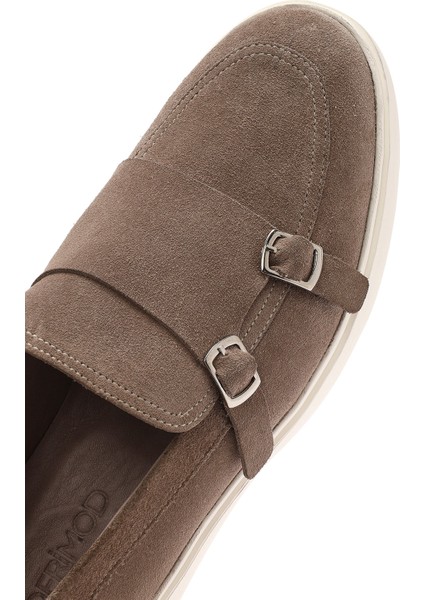 Erkek Bej Çift Tokalı Süet Deri Casual Loafer 25SFD750410