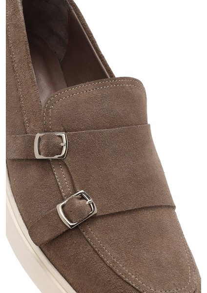 Erkek Bej Çift Tokalı Süet Deri Casual Loafer 25SFD750410
