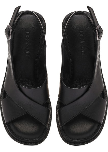 Kadın Siyah Bilekten Tokalı Kısa Topuklu Deri Sandalet 25SFD342818