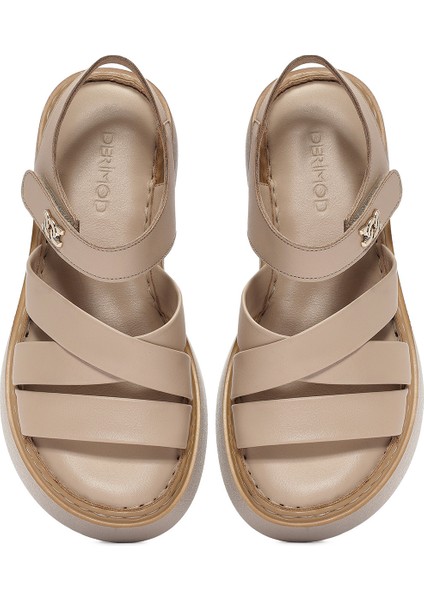 Kadın Bej Bilekten Bağlamalı Kalın Tabanlı Deri Comfort Sandalet 25SFD342718