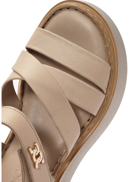 Kadın Bej Bilekten Bağlamalı Kalın Tabanlı Deri Comfort Sandalet 25SFD342718