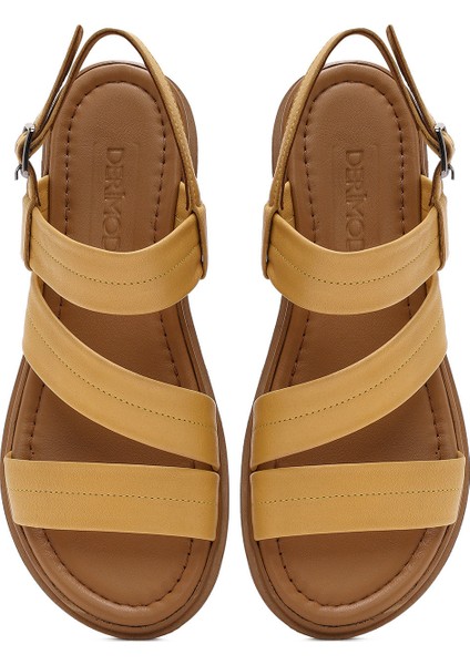 Kadın Sarı Bilekten Tokalı Deri Sandalet 25SFD341718