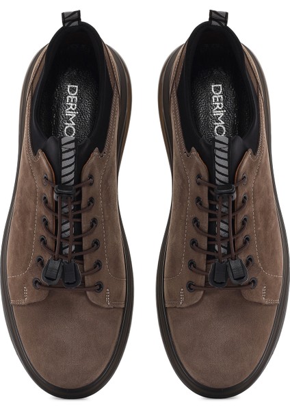 Erkek Vizon Bağcıklı Kalın Tabanlı Deri Casual Sneaker 25SFD640810