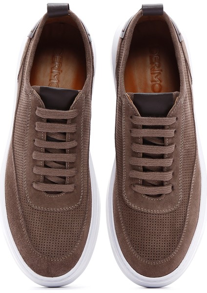 Erkek Vizon Bağcıklı Kalın Tabanlı Süet Deri Sneaker 25SFD740310