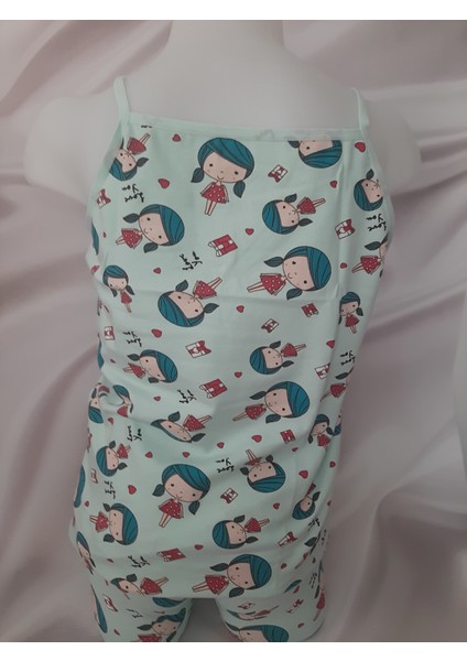 Yeşil Üzerine Bebek Desenli Ip Askılı %93 Pamuk %7 Elastan Atlet ve Şort Kız Çocuk Takım modelleri