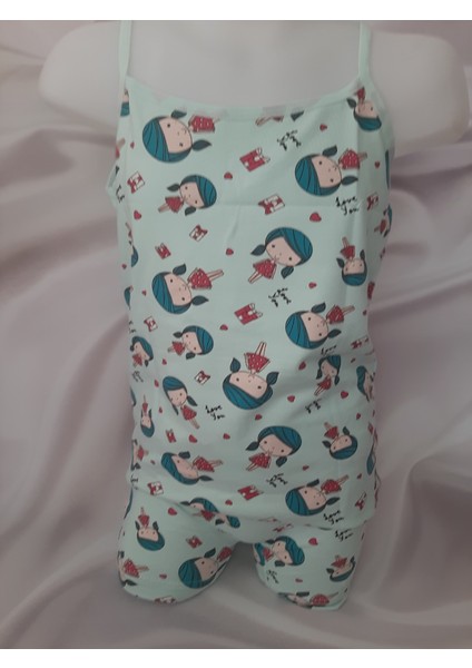 Yeşil Üzerine Bebek Desenli Ip Askılı %93 Pamuk %7 Elastan Atlet ve Şort Kız Çocuk Takım fırsatları