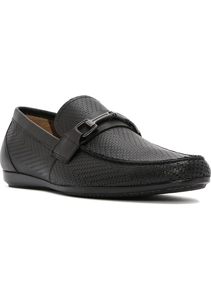 Erkek Siyah Baskılı Deri Casual Loafer 25SFD600126