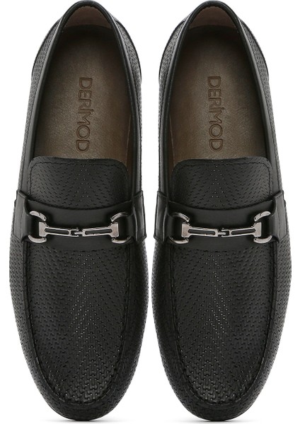 Erkek Siyah Baskılı Deri Casual Loafer 25SFD600126