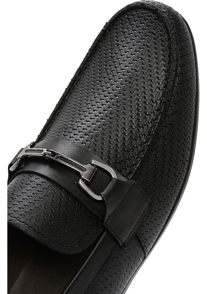 Erkek Siyah Baskılı Deri Casual Loafer 25SFD600126