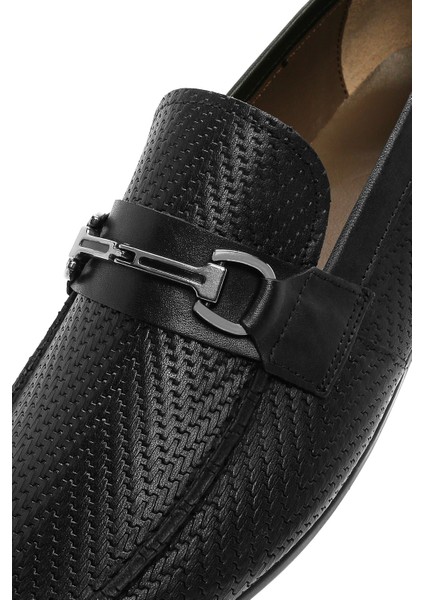 Erkek Siyah Baskılı Deri Casual Loafer 25SFD600126