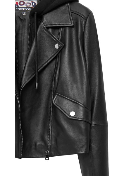 Smart Kadın Siyah Kapüşonlu Biker Deri Ceket 24wgm5262r3