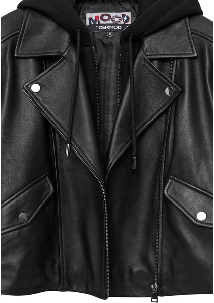 Smart Kadın Siyah Kapüşonlu Biker Deri Ceket 24wgm5262r3