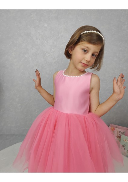 Kız Çocuk Ada Model Abiye Pembe Yaka Incili Elbise