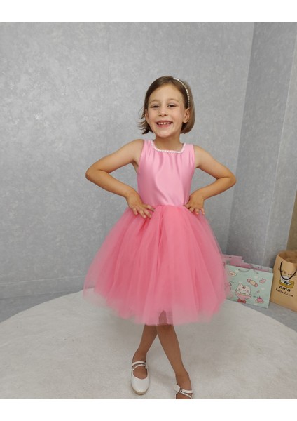Kız Çocuk Ada Model Abiye Pembe Yaka Incili Elbise fiyatları