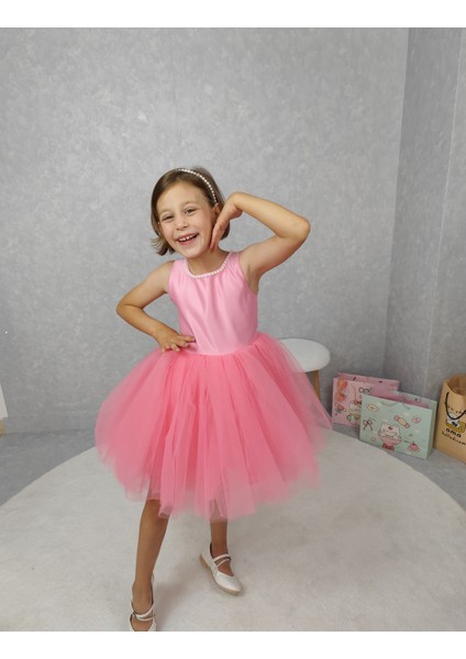 Kız Çocuk Ada Model Abiye Pembe Yaka Incili Elbise modelleri