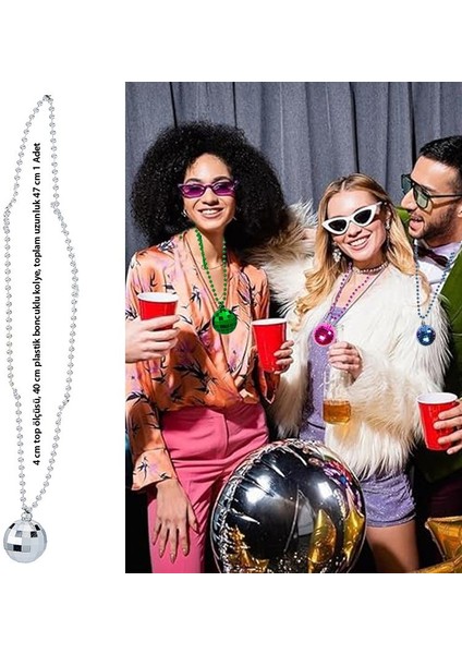 80S 90S Retro Plastik Disko Topu Şekilli Parti Kolyesi Gümüş Renk 47 cm Hawai