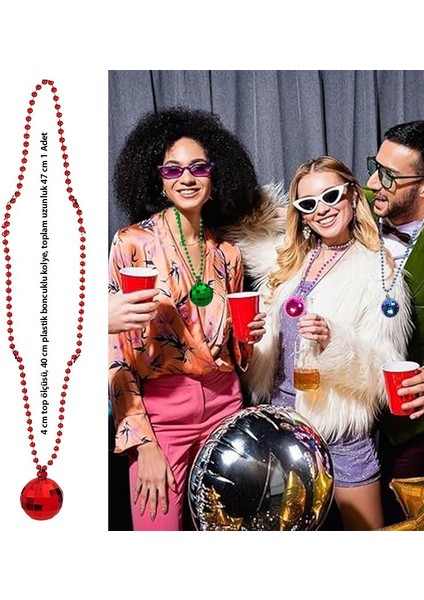 80S 90S Retro Plastik Disko Topu Şekilli Parti Kolyesi Kırmızı Renk 47 cm Hawai