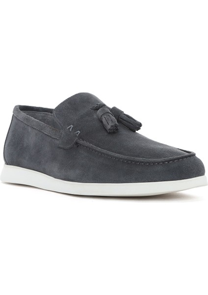 Erkek Gri Püsküllü Süet Deri Casual Loafer 25SFD750310