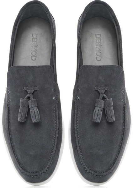 Erkek Gri Püsküllü Süet Deri Casual Loafer 25SFD750310