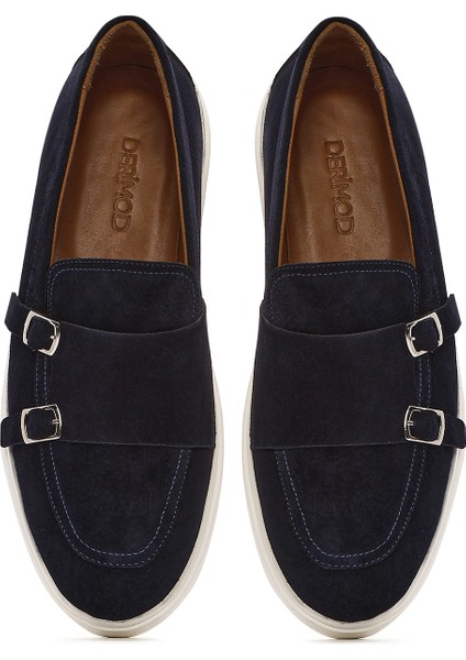 Erkek Lacivert Çift Tokalı Süet Deri Casual Loafer 25SFD750410