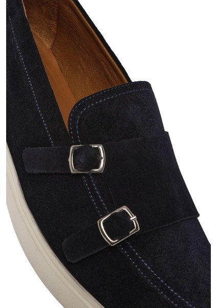 Erkek Lacivert Çift Tokalı Süet Deri Casual Loafer 25SFD750410
