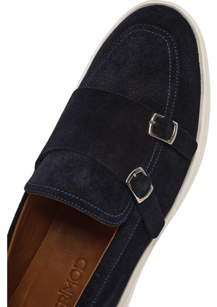 Erkek Lacivert Çift Tokalı Süet Deri Casual Loafer 25SFD750410