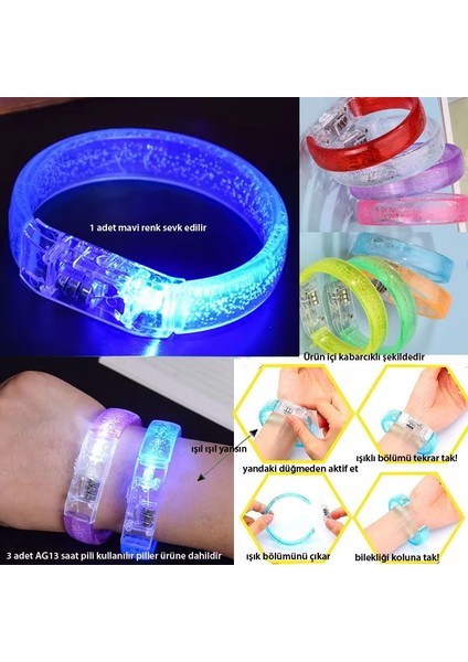Baskı Yapılabilen Işıklı Pilli LED Bileklik Mavi Renk 1 Adet 1,5 cm Genişlik Retro