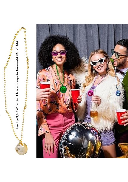 80S 90S Retro Plastik Disko Topu Şekilli Parti Kolyesi Altın Renk 47 cm Hawai