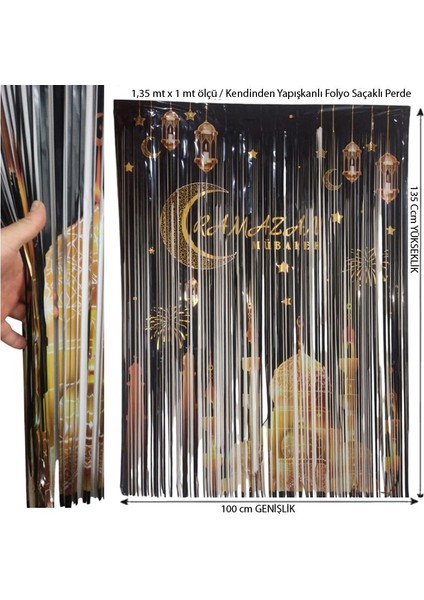 Siyah Altın Renk Ramazan Mübarek Yazılı Temalı Folyo Kapı Perdesi 1,35 mt X1 mt