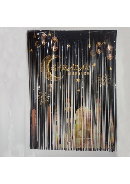 Siyah Altın Renk Ramazan Mübarek Yazılı Temalı Folyo Kapı Perdesi 1,35 mt X1 mt fiyatları