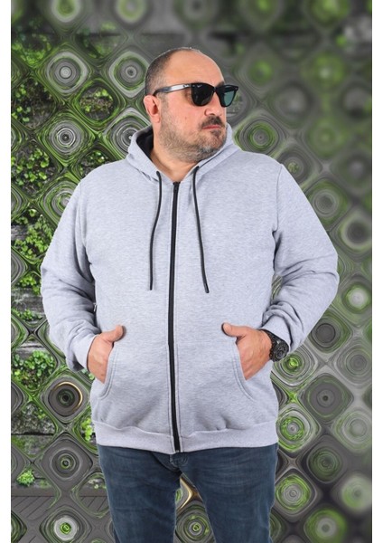 Mocgrande Büyük Beden Unisex Kapüşonlu 3ip Sweat 11701 Gri Melanj