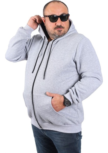 Mocgrande Büyük Beden Unisex Kapüşonlu 3ip Sweat 11701 Gri Melanj