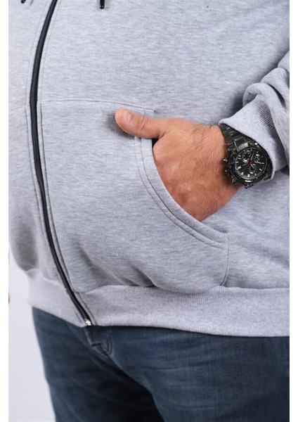 Mocgrande Büyük Beden Unisex Kapüşonlu 3ip Sweat 11701 Gri Melanj