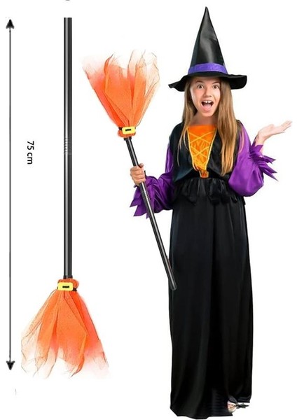 Halloween Yetişkin Çocuk Uyumlu 75 cm Tüllü Cadı Süpürgesi Turuncu Renk 1 Adet