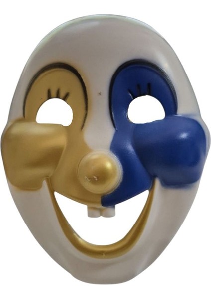 16X21 cm Sert Plastik Arkadan Lastikli Sevimli Palyaço Maskesi Mavi Altın Renk Çocuk Boy