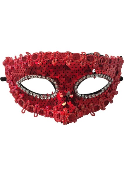 Arkadan Lastikli Kırmızı Renk Pullu Parti Maskesi Lüks 1 Adet