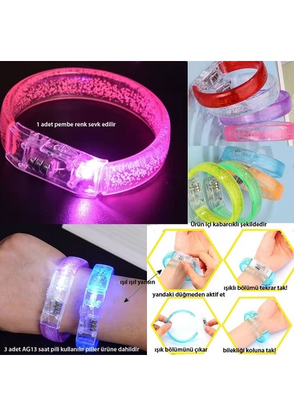 Baskı Yapılabilen Işıklı Pilli LED Bileklik Pembe Renk 1 Adet 1,5 cm Genişlik Retro