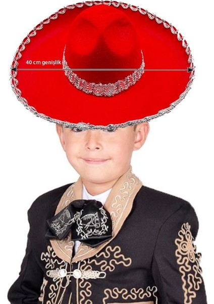 Kırmızı Renk Keçe Kumaş Meksikalı Latin Mariachi Şapkası Gümüş Şeritli Çocuk Hawaian