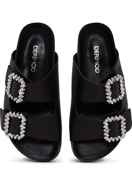 Kadın Siyah Taşlı Deri Terlik 25SFD150118