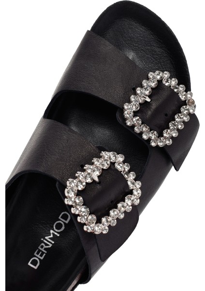 Kadın Siyah Taşlı Deri Terlik 25SFD150118